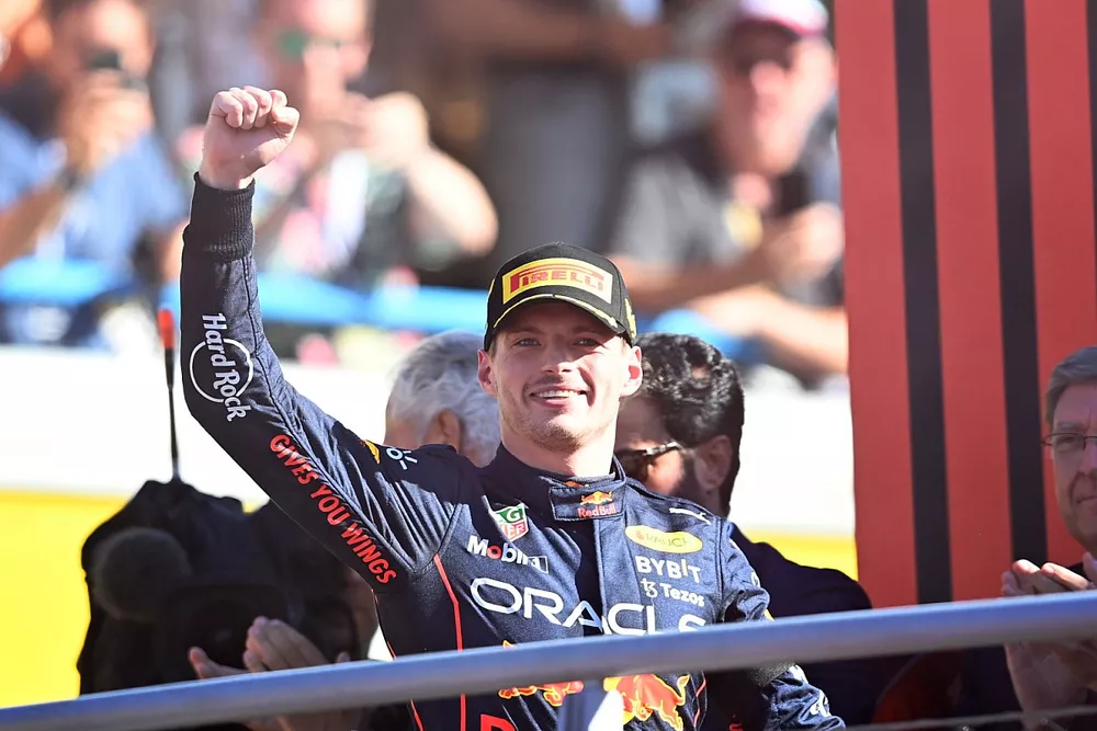 Max Verstappen, Red Bull Racing, 1st position, arrives on the podium