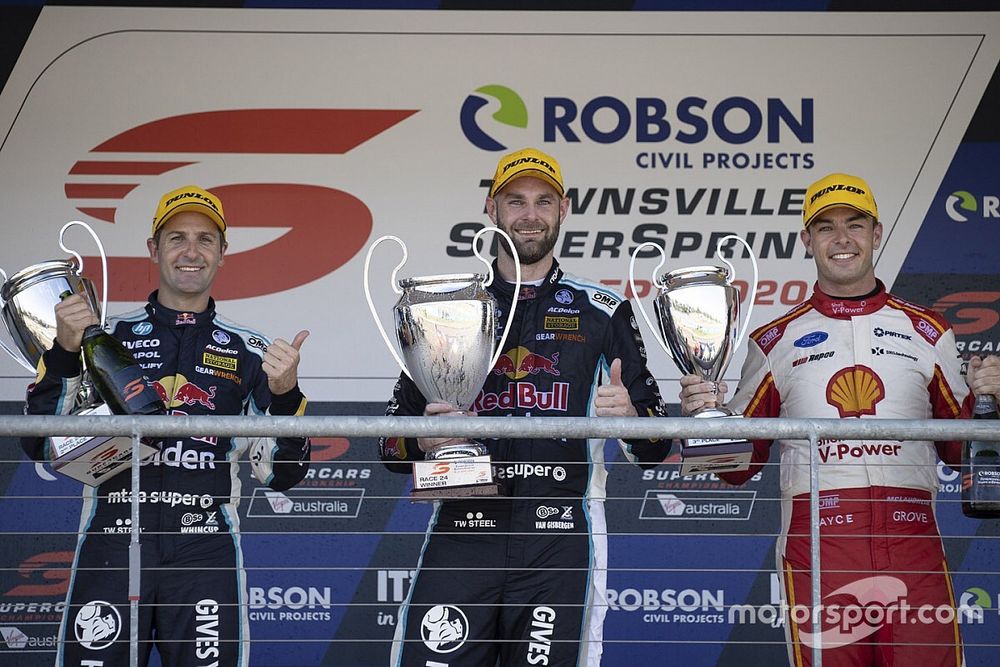 Race winner Shane van Gisbergen, Triple Eight Race Engineering Holden, second place Jamie Whincup, Triple Eight Race Engineering Holden, third place Scott McLaughlin, DJR Team Penske Ford

