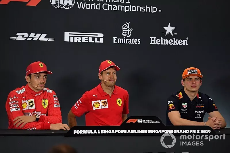 Charles Leclerc, Ferrari, Race winner Sebastian Vettel, Ferrari and Max Verstappen, Red Bull Racing in the Press Conference 