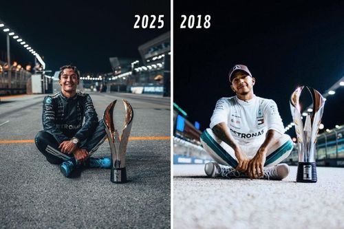 Russell recrea la cl&aacute;sica foto de Lewis Hamilton tras ganar el GP de Singapur