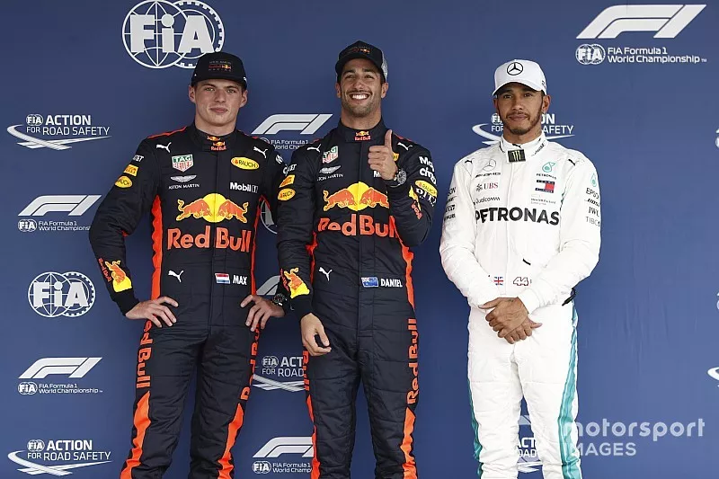 Top three Qualifiers, second placed Max Verstappen, Red Bull Racing, pole man Daniel Ricciardo, Red Bull Racing, and Lewis Hamilton, Mercedes AMG F1