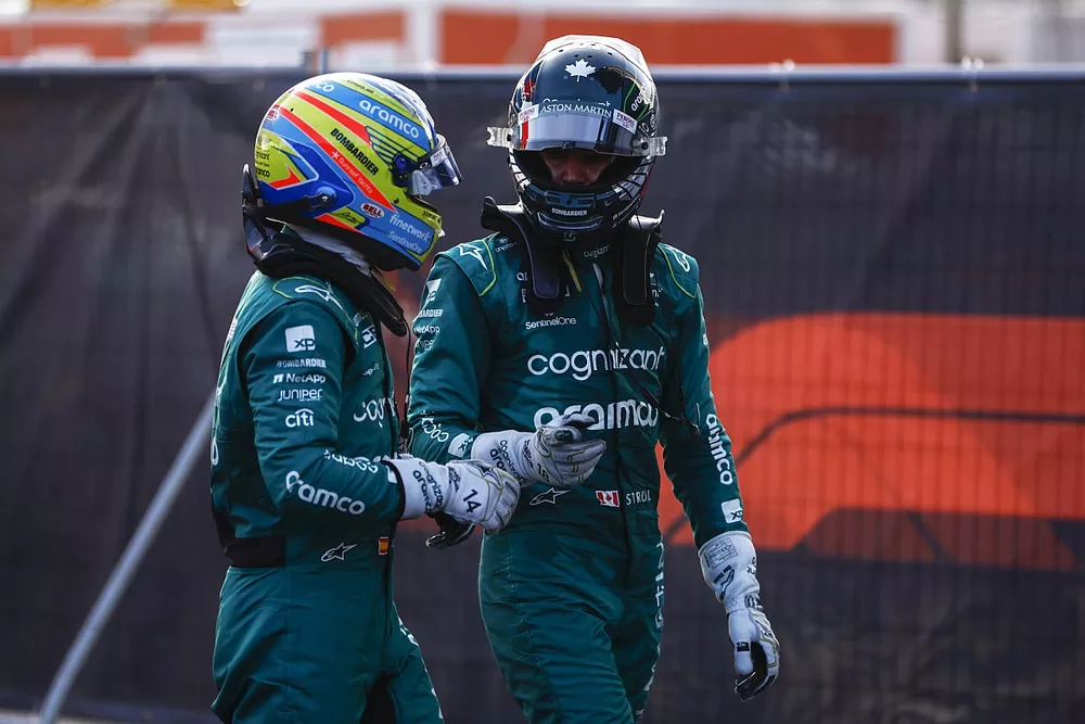 Fernando Alonso, Aston Martin F1 Team, Lance Stroll, Aston Martin F1 Team, in Parc Ferme after Qualifying