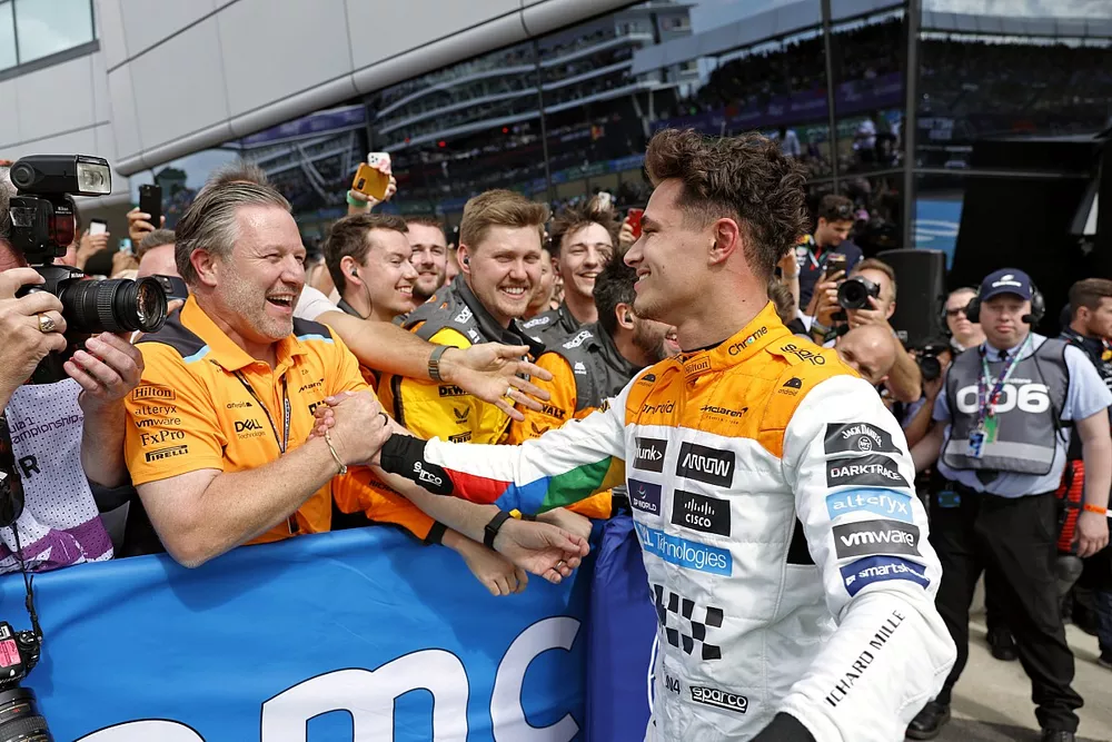 Zak Brown, CEO, McLaren Racing, Lando Norris, McLaren, 2nd position, celebrate in Parc Ferme