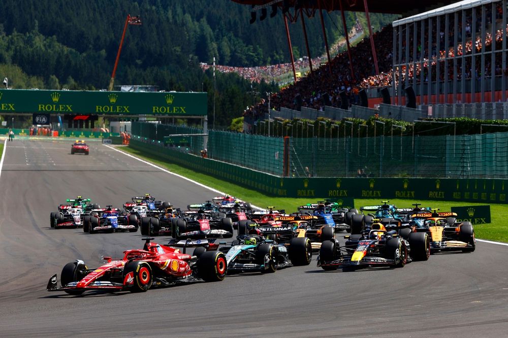 Charles Leclerc, Ferrari SF-24, leads Sir Lewis Hamilton, Mercedes F1 W15, Sergio Perez, Red Bull Racing RB20, Lando Norris, McLaren MCL38, Oscar Piastri, McLaren MCL38, 