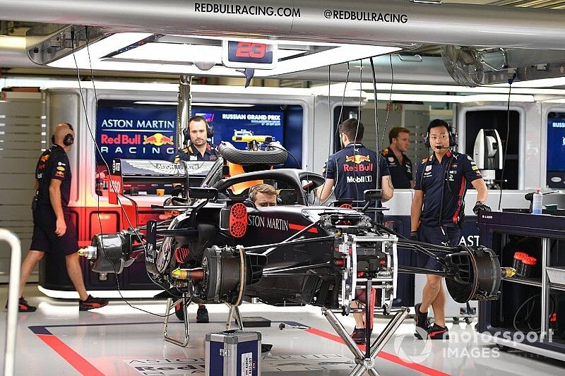 A Red Bull Honda in the pit garage