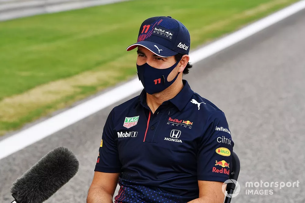 Sergio Perez, Red Bull Racing RB16B, is interviewed 