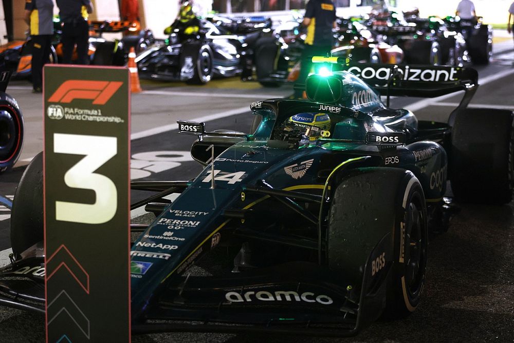 Fernando Alonso, Aston Martin AMR23, 3rd position, arrives in Parc Ferme