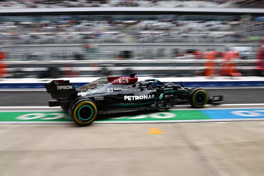 Lewis Hamilton, Mercedes W12, leaves the garage