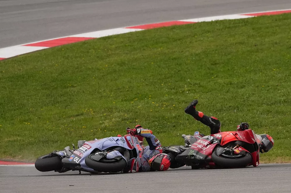 Marc Marquez, Gresini Racing and Francesco Bagnaia, Ducati Team crash