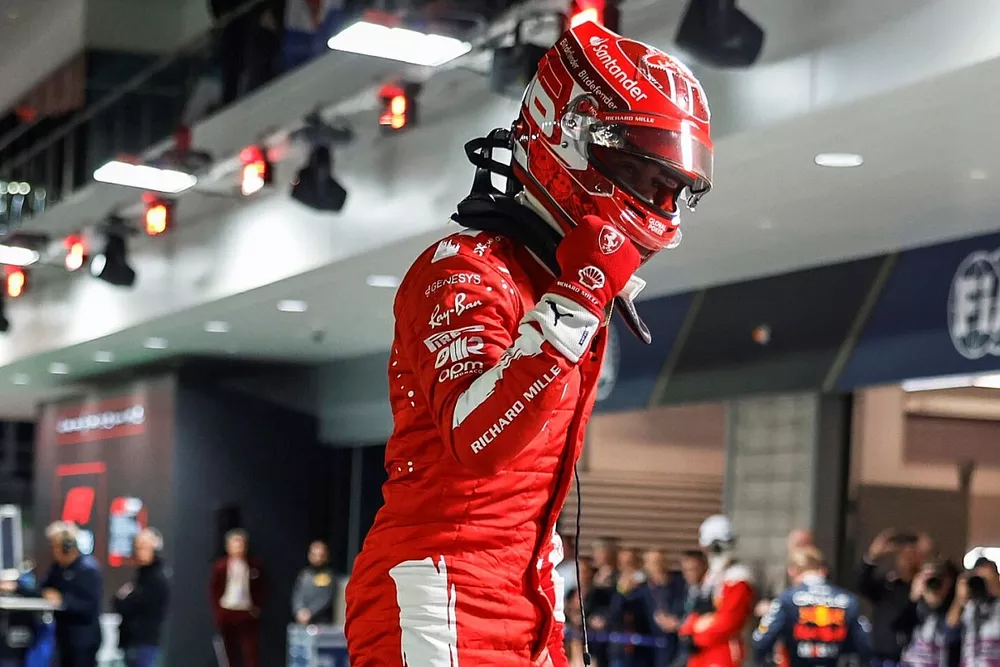 Pole man Charles Leclerc, Scuderia Ferrari, arrives in Parc Ferme
