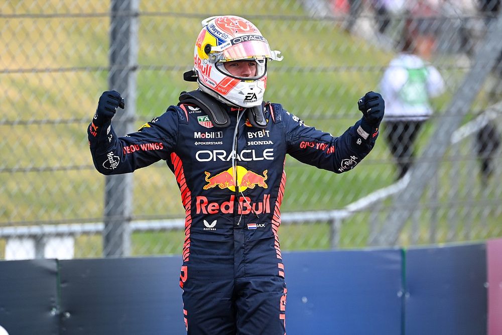 Max Verstappen, Red Bull Racing, 1st position, celebrates victory on arrival in Parc Ferme