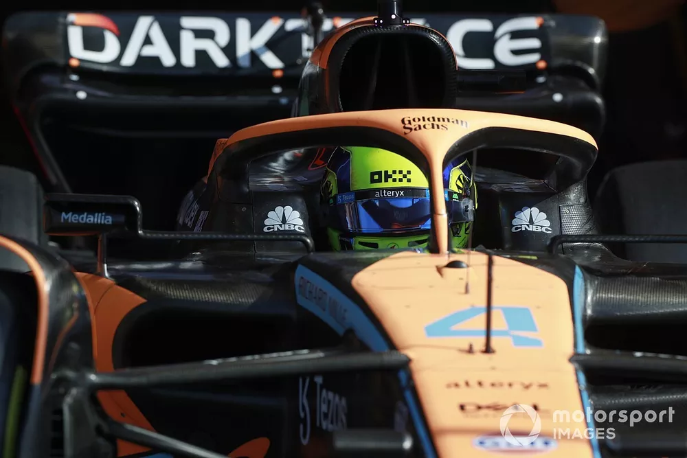 Lando Norris, McLaren MCL36, leaves the garage