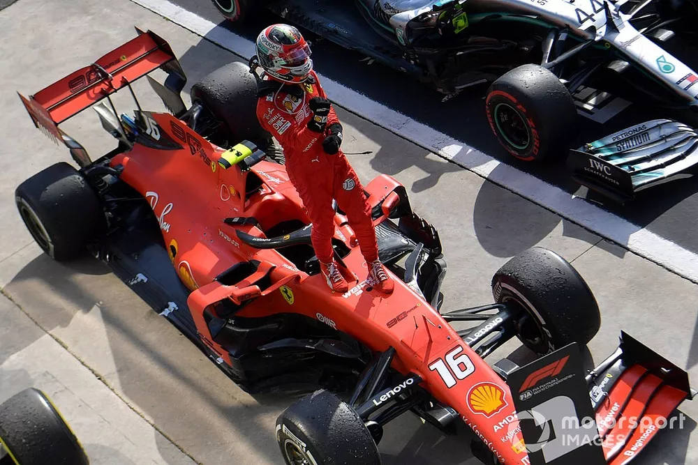Charles Leclerc, Ferrari, 1st position, celebrates in Parc Ferme