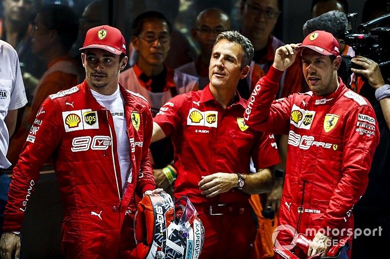 Ganador Sebastian Vettel, Ferrari y Charles Leclerc, Ferrari en Parc Ferme