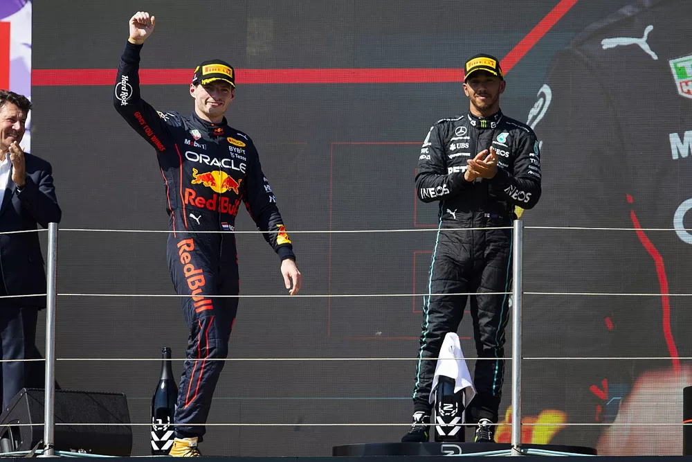 Max Verstappen, Red Bull Racing, 1st position, arrives on the podium