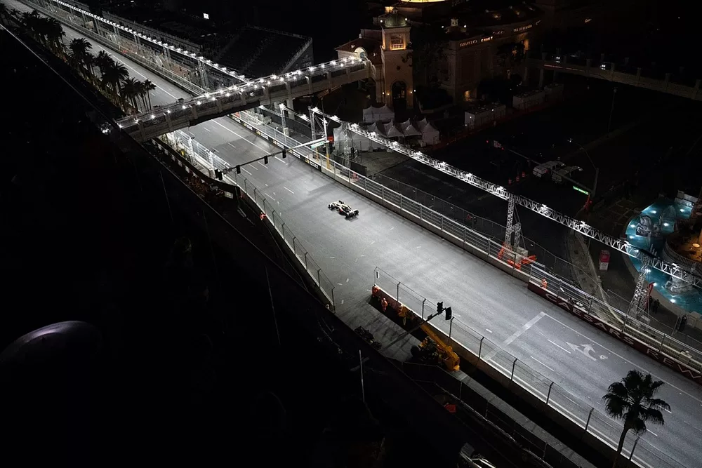 General view of the start finish line from above at the Las Vegas GP