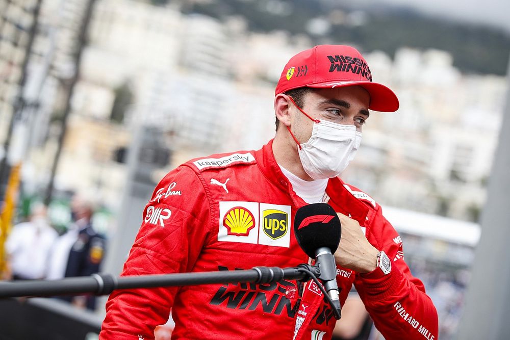 Pole man Charles Leclerc, Ferrari, is interviewed after Qualifying