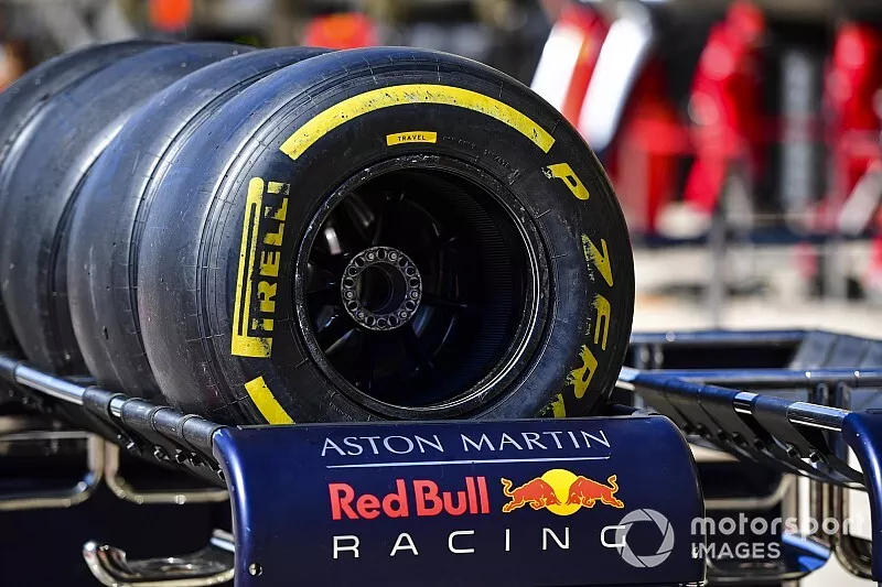 A row of Pirelli tyres for Red Bull