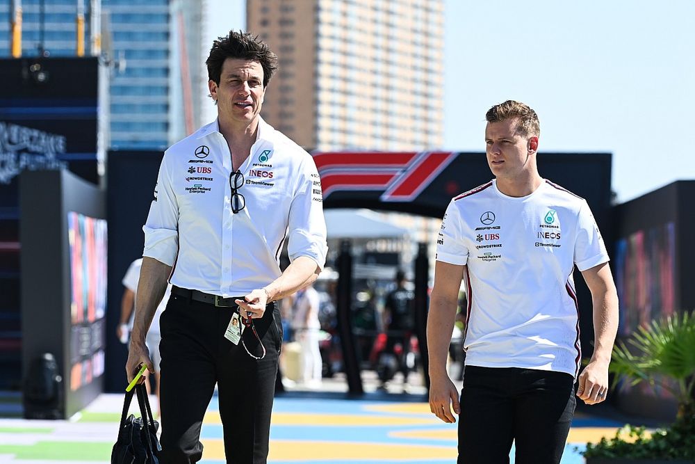 Toto Wolff, Team Principal and CEO, Mercedes-AMG, Mick Schumacher, Mercedes-AMG reserve driver