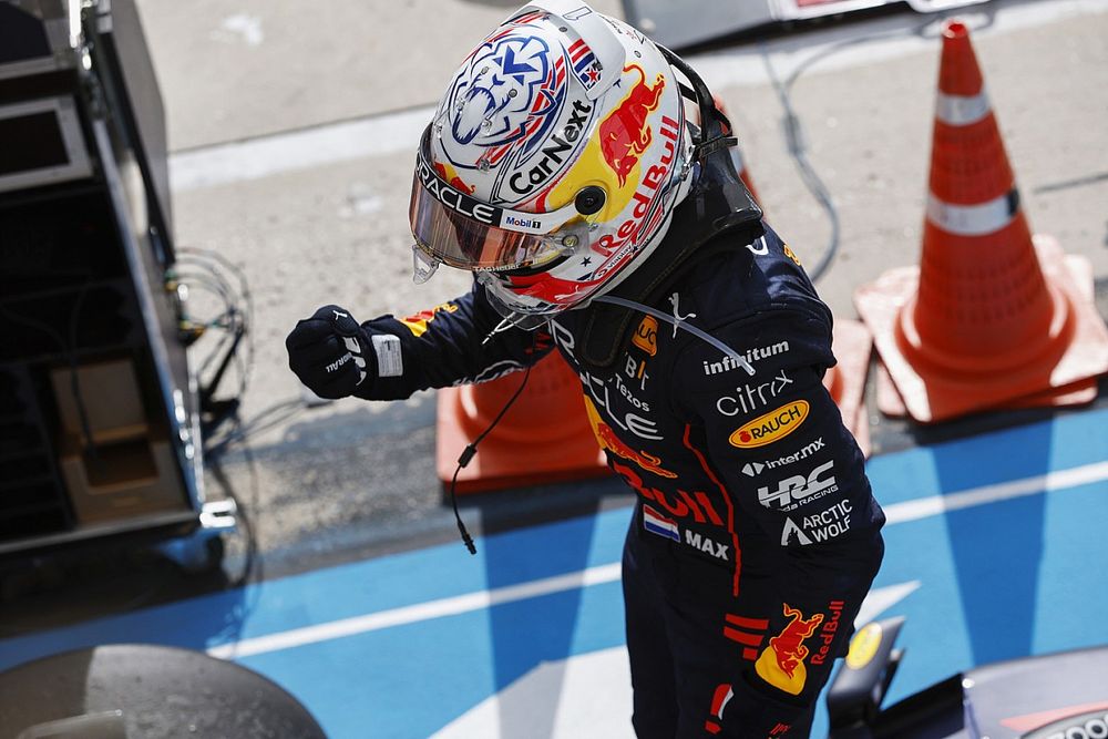 Max Verstappen, Red Bull Racing, 1st position, celebrates on arrival in Parc Ferme