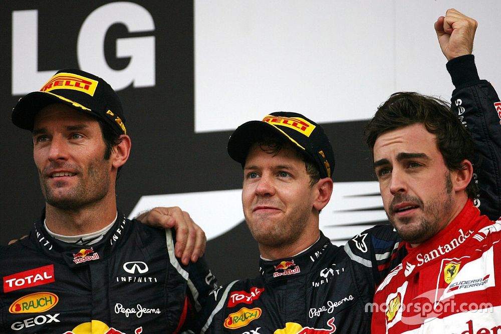 Mark Webber, Red Bull Racing, Sebastian Vettel, Red Bull Racing y Fernando Alonso, Scuderia Ferrari