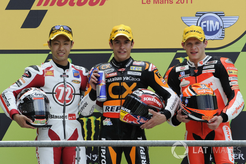Podium : 1er Marc Márquez, 2e Yuki Takahashi, 3e Stefan Bradl