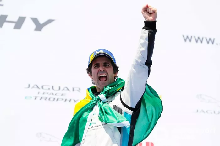 Sérgio Jimenez, Jaguar Brazil Racing celebrates victory on the podium