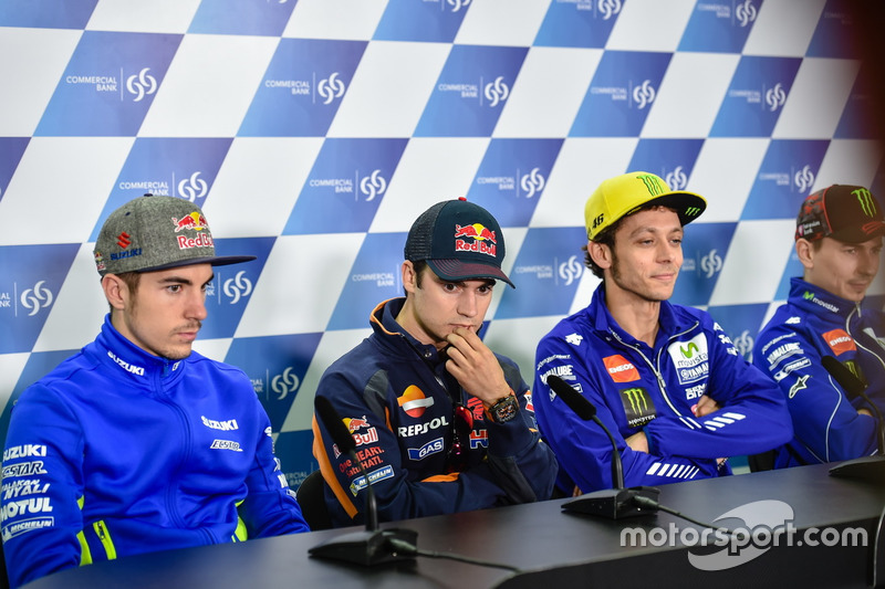 Maverick Viñales, Team Suzuki MotoGP; Dani Pedrosa, Repsol Honda Team; Valentino Rossi, Yamaha Facto