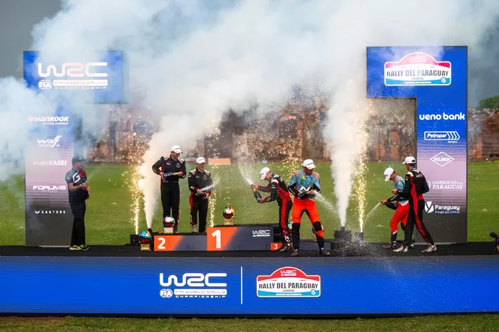 Podium: Winner Sébastien Ogier, Vincent Landais, Toyota Gazoo Racing WRT Toyota GR Yaris Rally1, second place  Elfyn Evans, Scott Martin, Toyota Gazoo Racing WRT Toyota GR Yaris Rally1, third place Thierry Neuville, Martijn Wydaeghe, Hyundai World Rally T