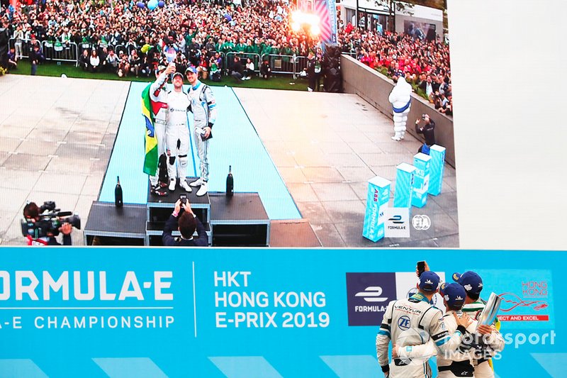 Sam Bird, Envision Virgin Racing, Lucas Di Grassi, Audi Sport ABT Schaeffler, Edoardo Mortara, Venturi Formula E, celebrate on the podium