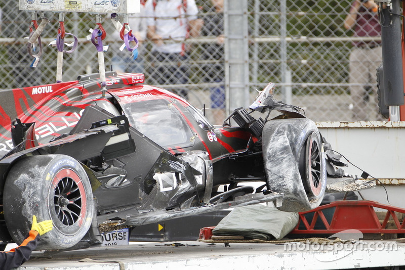 The car of #1 Rebellion Racing Rebellion R-13: Andre Lotterer, Neel Jani, Bruno Senna after the crash