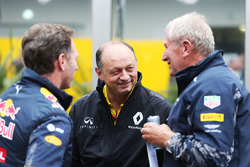(L to R): Christian Horner, Red Bull Racing Team Principal with Frederic Vasseur, Renault Sport F1 Team Racing Director and Dr Helmut Marko, Red Bull Motorsport Consultant
