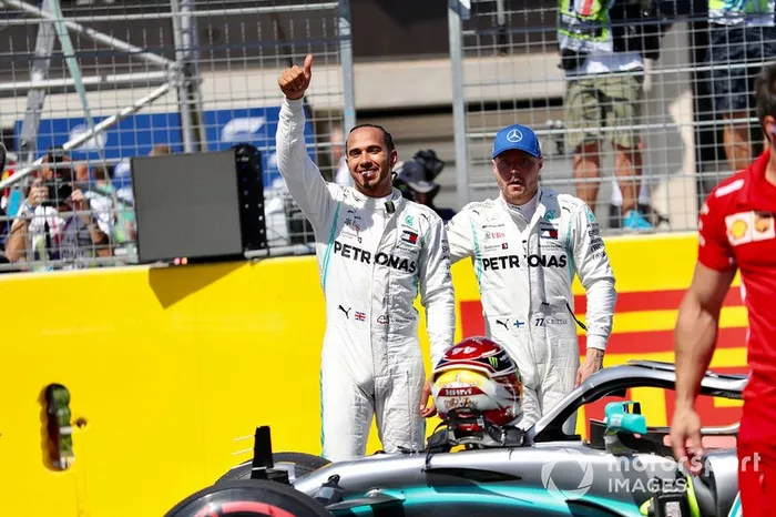 Front row starters, pole man Lewis Hamilton, Mercedes AMG F1, and Valtteri Bottas, Mercedes AMG F1, after Qualifying