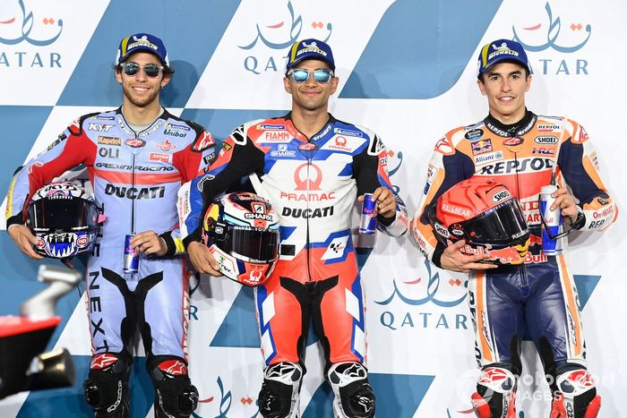 El ganador de la pole, Jorge Martín, Pramac Racing, el segundo, Enea Bastianini, Gresini Racing, el tercero, Marc Márquez, Repsol Honda Team 