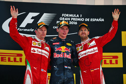 The podium, Ferrari, second; Max Verstappen, Red Bull Racing, race winner; Sebastian Vettel, Ferrari, third
