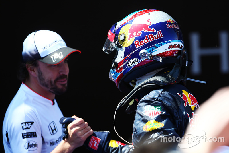 Race winner Max Verstappen, Red Bull Racing celebrates in parc ferme with Fernando Alonso, McLaren