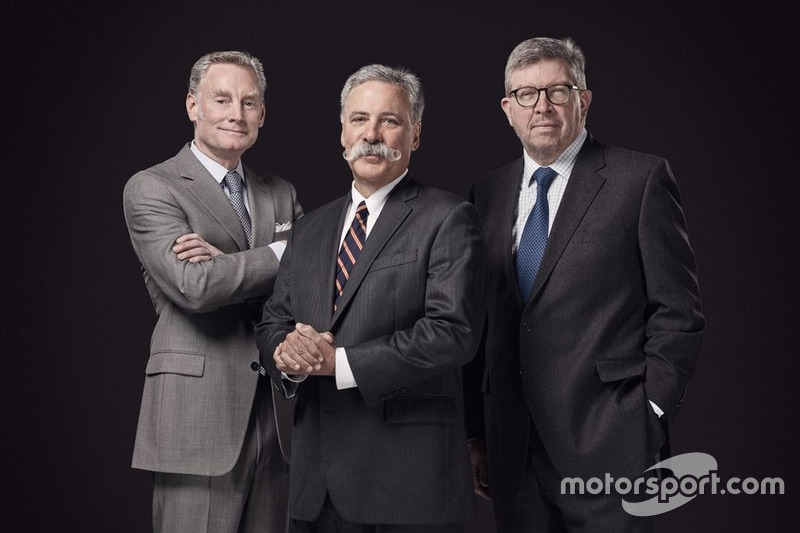 Sean Bratches, Managing Director, Commercial Operations; Chase Carey, Chairman and CEO of Formula 1; Ross Brawn, Managing Director, Motor Sports