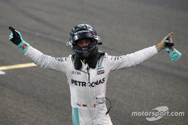 Second placed Nico Rosberg, Mercedes AMG F1 W07 Hybrid celebrates his World Championship at the end of the race