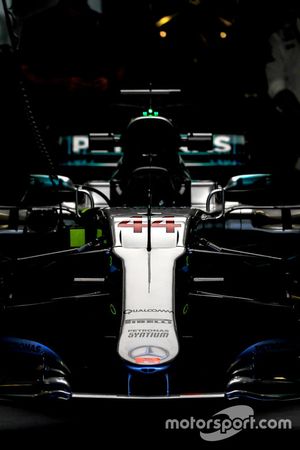 The nose and front wing detail of Lewis Hamilton, Mercedes-Benz F1 W08 in the garage