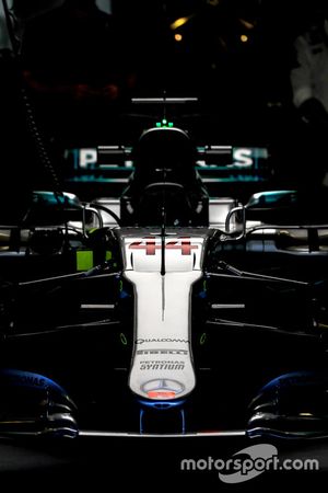 The nose and front wing detail of Lewis Hamilton, Mercedes-Benz F1 W08  in the garage