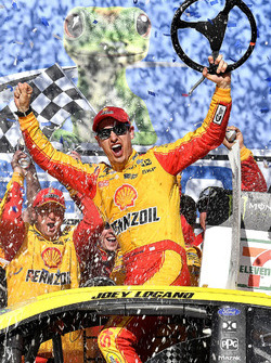 Joey Logano, Team Penske, Ford Fusion Shell Pennzoil celebrates his win in Victory Lane