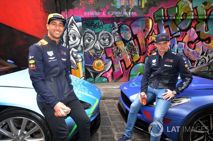 Daniel Ricciardo, Red Bull Racing and Max Verstappen, Red Bull Racing with the street art styled Aston Martin DB11 in Hosier Lane