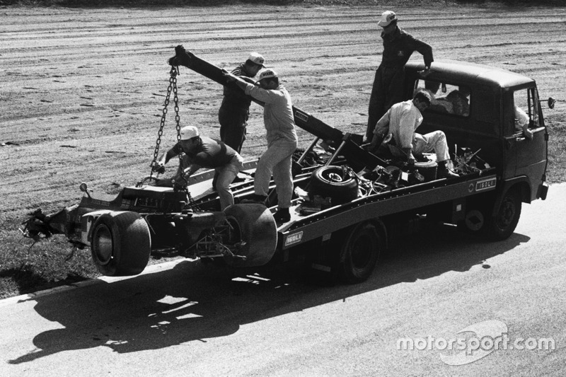 The wreckage of Jochen Rindt's car after his fatal crash at Parabolica