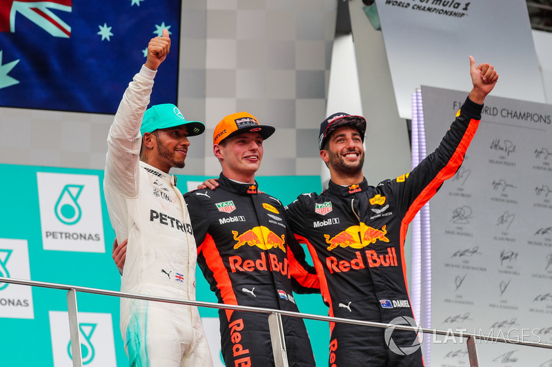 Race winner Lewis Hamilton, Mercedes AMG F1 Max Verstappen, Red Bull Racing and Daniel Ricciardo, Red Bull Racing celebrate on the podium