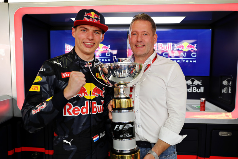 Max Verstappen, Red Bull Racing celebrates his first F1 win with father Jos Verstappen