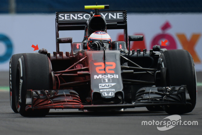 Jenson Button, McLaren MP4-31 sidepod thermal imaging cameras detail