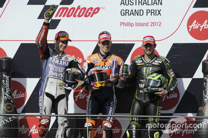 Podio: secondo Jorge Lorenzo, Yamaha; il vincitore della gara Casey Stoner, Repsol Honda; terzo Cal 