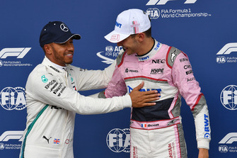Lewis Hamilton, Mercedes AMG F1 and Esteban Ocon, Racing Point Force India F1 Team celebrate in parc ferme