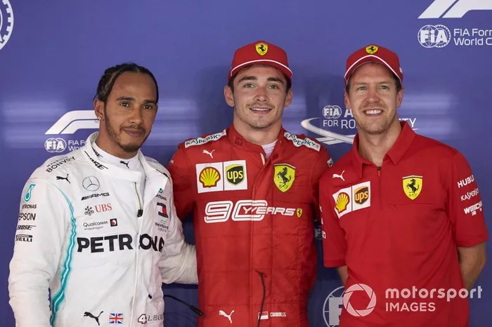 Top tre Qualificati Lewis Hamilton, Mercedes AMG F1, pole man Charles Leclerc, Ferrari, e Sebastian Vettel, Ferrari