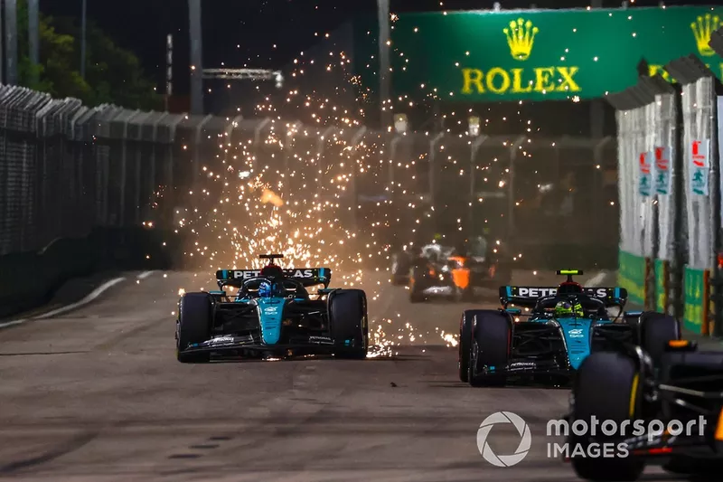 George Russell, Mercedes F1 W15, fait des étincelles